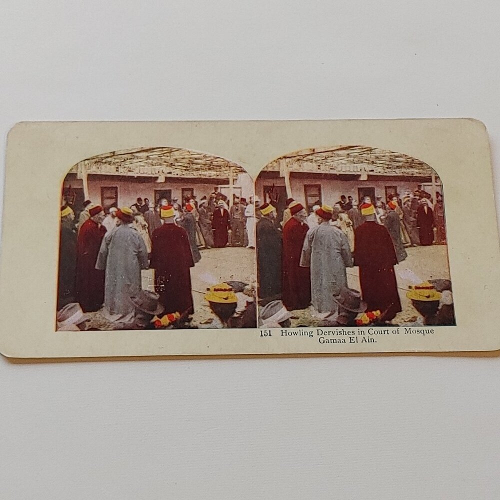 ANTIQUE STEREOGRAPH CARD Double Sided Colour Howling Dervishes/Mosque Sultan